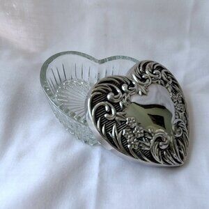 Romantic Glass Heart Trinket Box with Silver Plated Lid-Vintage